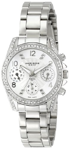 Akribos XXIV Damen Lady Diamond Swiss Quarz Multifunktions Diamant Kristall silberfarbenes Armband Armbanduhr