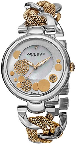 Akribos XXIV Damen Lady Diamond silberfarbenes sowie goldfarbene Zifferblatt Mesh und Kette Link Armband Armbanduhr