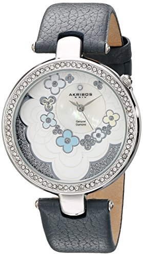 Akribos XXIV Damen Lady Diamond Blume Zifferblatt Swiss Quarz Lederband Armbanduhr