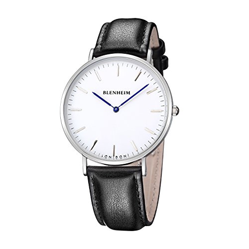 Blenheim London Mens Watch Sales White Dial and Blue Hands with Black Leather Strap