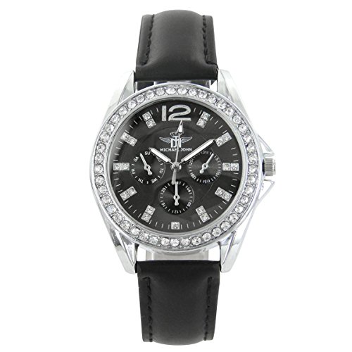 Damen Trend Armbanduhr Leder schwarz Diamanten CZ Michael John 1397