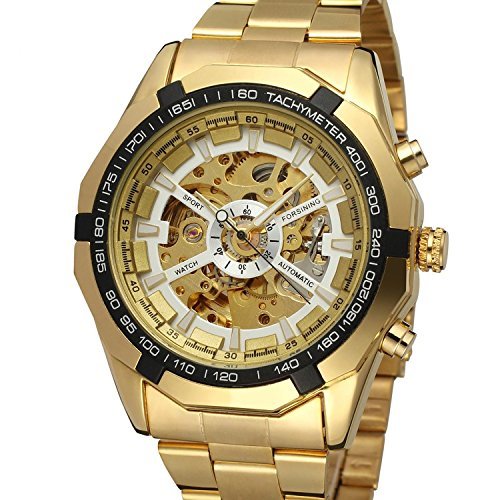 fanmis Herren Skelett Automatik Golden Armbanduhr mit Edelstahl Armband Armbanduhr