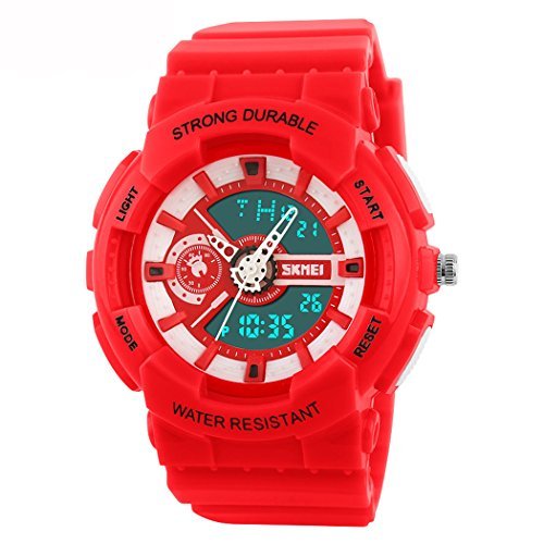 fanmis Damen Herren Sportliches Design Multifunktional Analog Digital Wasserdicht Armbanduhr Rot