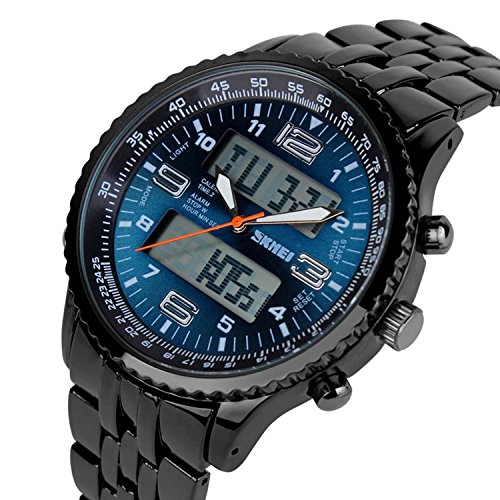 fanmis Herren Luxus Wasserdicht Analog Digital blau Zifferblatt schwarz Stahl Band Armbanduhr