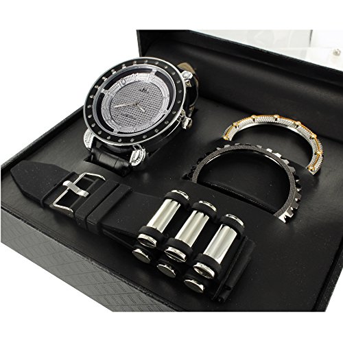 Schwarz PVD Armbanduhr mit 2 gratis zusaetzliche Blenden und schwarz Gummi Band Ice King