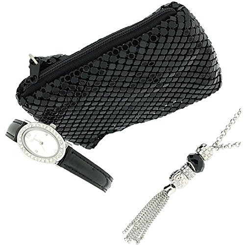 DAZZLE Damen Geschenkset schwarz bestehend aus Armbanduhr mit ovalem Ziffernblatt Anhaenger und Clutch in Geschenkschatulle