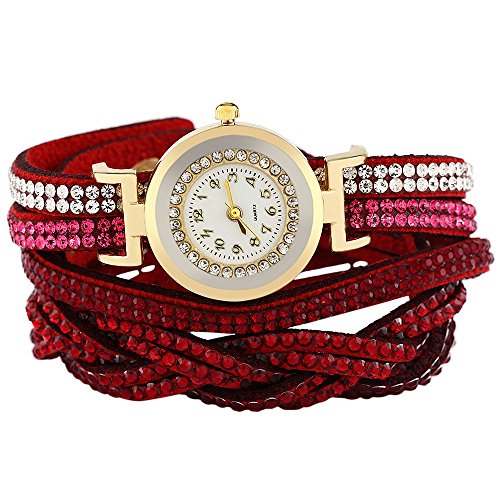 Leopard Shop Damen Armband Leder Band Strass verziert rot