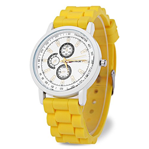 Leopard Shop Fashion Frauen Quarzuhr Armbanduhr Drei Dekorative Zifferblaetter zur Silikon Band Gelb