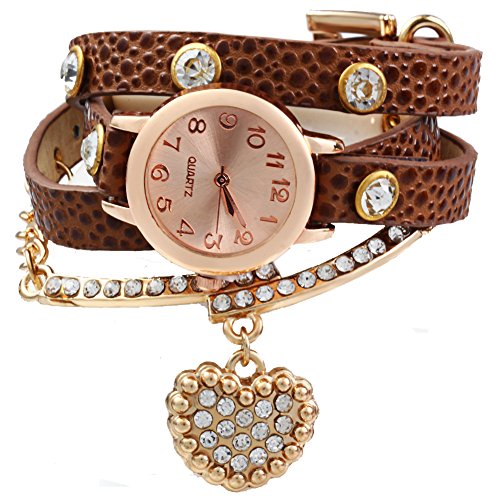 Leopard Shop Vintage Frauen Armbanduhr Leopard Leder Armband Handgelenk gewickelt mit Herz Anhaenger Strass Kaffee