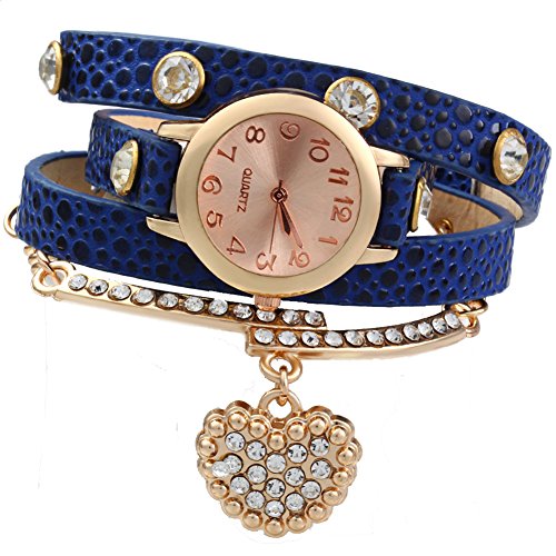 Leopard Shop Vintage Frauen Armbanduhr Leopard Leder Armband Handgelenk gewickelt mit Herz Anhaenger Strass Blau