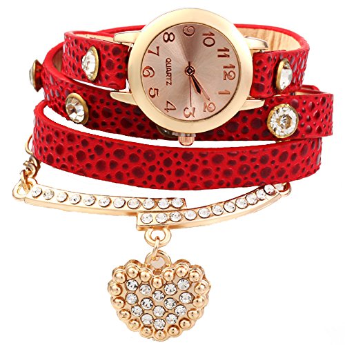 Leopard Shop Vintage Frauen Armbanduhr Leopard Leder Armband Handgelenk gewickelt mit Herz Anhaenger Strass Rot