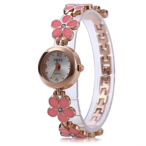 Leopard Shop Frauen Armbanduhr Pentalobe Armband Kristall Edelstahl Light Pink