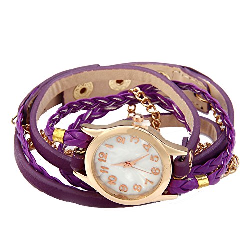 Leopard Shop Frauen Armbanduhr Vintage Weave Wrap Leder Armband Violett