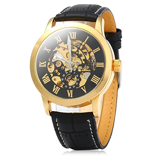 Leopard Shop SHENHUA Herren Automatische mechanische Armbanduhr Hohl roemischen Massstab Leder Band Schwarz Golden Schwarz