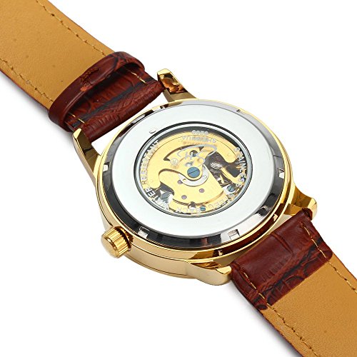 Leopard Shop SHENHUA Herren Automatische mechanische Armbanduhr Hohl roemischen Massstab Leder Band Braun Golden Golden
