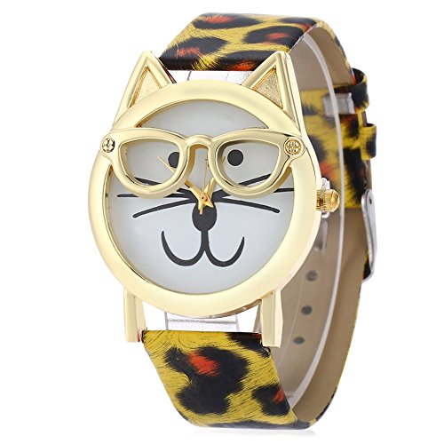 Leopard Shop Creative Frauen Cartoon Cat Face runden Zifferblatt Brille Bart Leopard Band Gelb