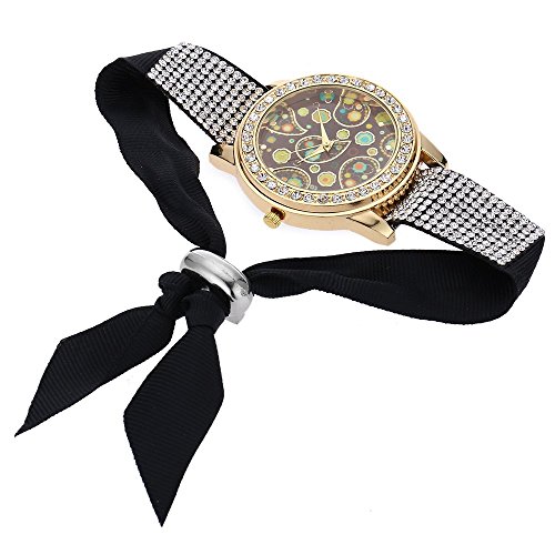 Leopard Shop Frauen Quarzuhr folk custom Style runden Zifferblatt Korea Samt Kuenstliche Diamant Band Schwarz