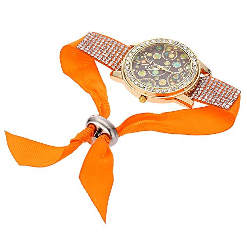 Leopard Shop Frauen Quarzuhr folk custom Style runden Zifferblatt Korea Samt Kuenstliche Diamant Band Orange