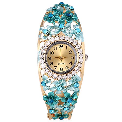 Leopard Shop weiblich Quarzuhr Kuenstliche Diamant Zifferblatt Garden Style Hohl Blumen Armreif Armbanduhr 3