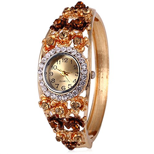 Leopard Shop weiblich Quarzuhr Kuenstliche Diamant Zifferblatt Garden Style Hohl Blumen Armreif Armbanduhr 4
