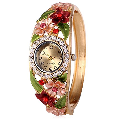 Leopard Shop weiblich Quarzuhr Kuenstlicher Diamant Hohl Blumen Zifferblatt Armband Garden Style Armbanduhr 1