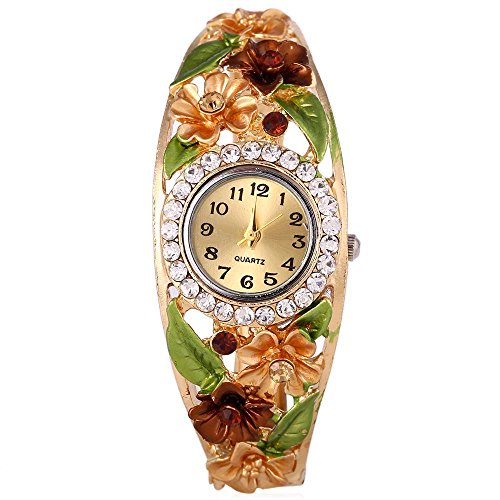 Leopard Shop weiblich Quarzuhr Kuenstlicher Diamant Hohl Blumen Zifferblatt Armband Garden Style Armbanduhr 3