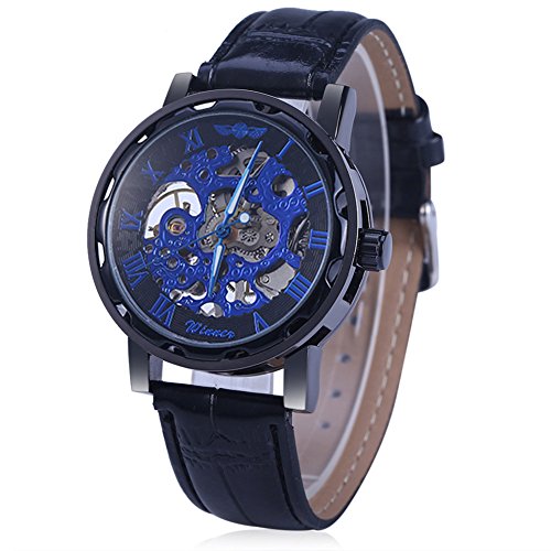 Leopard Shop Winner Herren Hohl mechanische Uhr roemischen Massstab Leder Band Schwarz Blau