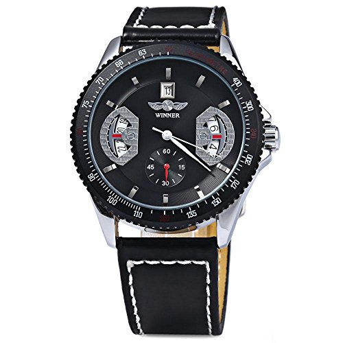 Leopard Shop Winner Herren Mechanische Uhr mit Tag runden Zifferblatt schwarz