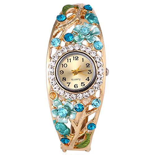 Leopard Shop weiblich Quarzuhr Garden Style Kuenstliche Diamant Hohl Blumen Armreif Armbanduhr 4