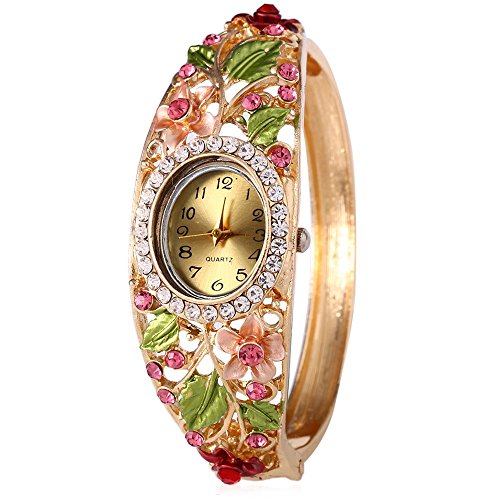 Leopard Shop weiblich Quarzuhr Kuenstliche Diamond Garden Style Hohl Blumen Armband Armbanduhr 1