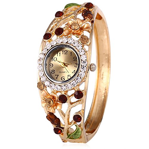 Leopard Shop weiblich Quarzuhr Garden Style Kuenstliche Diamant Hohl Blumen Armreif Armbanduhr 1