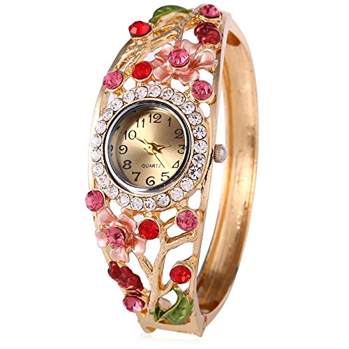 Leopard Shop weiblich Quarzuhr Garden Style Kuenstliche Diamant Hohl Blumen Armreif Armbanduhr 2