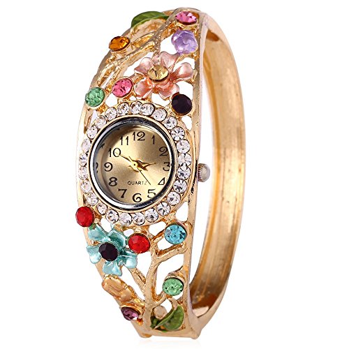 Leopard Shop weiblich Quarzuhr Garden Style Kuenstliche Diamant Hohl Blumen Armreif Armbanduhr 5