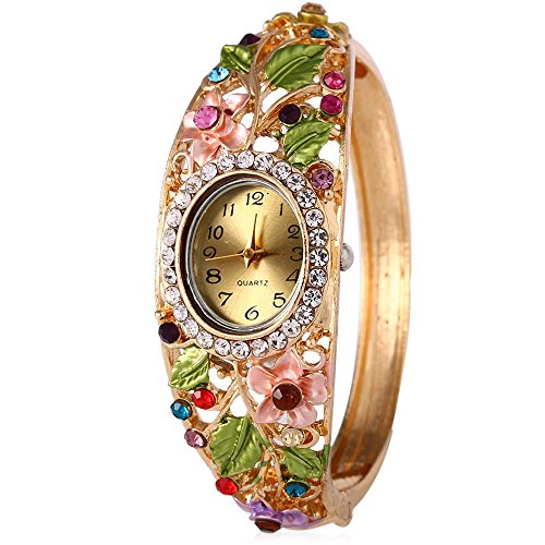 Leopard Shop weiblich Quarzuhr Kuenstliche Diamond Garden Style Hohl Blumen Armband Armbanduhr 5