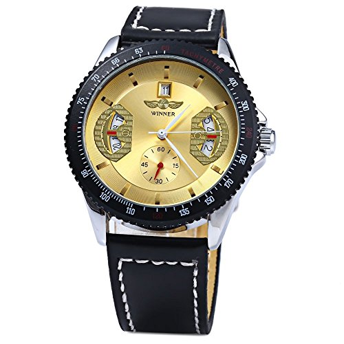 Leopard Shop Winner Herren Mechanische Uhr mit Tag runden Zifferblatt Golden
