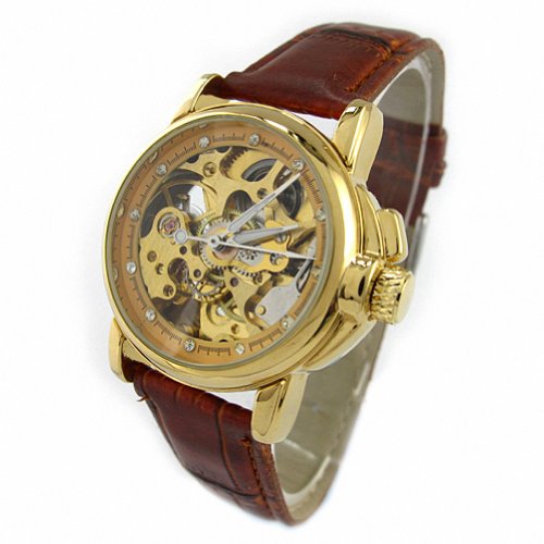 MapofBeauty Unisexs Synthetische Leder Uhrenarmband Automatik Selbst Wind rund Mechanische Uhren Braun Uhrenarmband Gold Brozen Zifferbltter