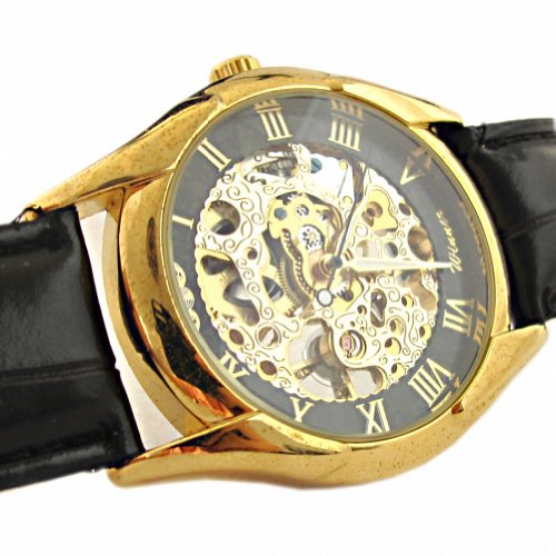 MapofBeauty Schwarze und Goldene teilweise transparenten Hohlvorwahlknopf PU Leder Band Handaufzug Mechanische Armbanduhr
