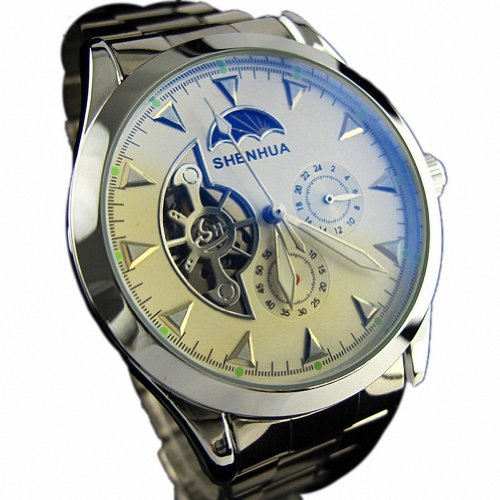 MapofBeauty Edelstahl Uhrenarmbunds Tourbillon Tag und Nacht Zeigen automatische mechanische Armbunduhr Weiss Zifferblatt und Silber Uhrenarmbunds