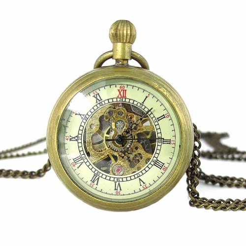 MapofBeauty Unisexs Metall Uhrenarmband Mechanische Hand Wind rund Tasche Uhren Uhrenarmband Wei Zifferbltter