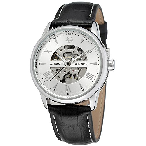 Gute Herren Elegant Automatik Mechanische Armbanduhr mit roemischen numberal Zifferblatt und Lederband Silber Weiss