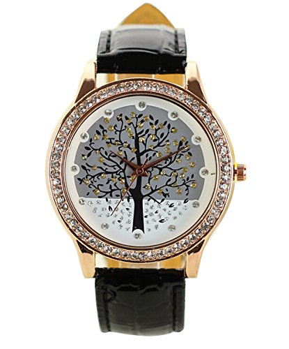 Elegante Damen Baum Muster Leder Armband Uhr Quarz Kristall Armbanduhr schwarz