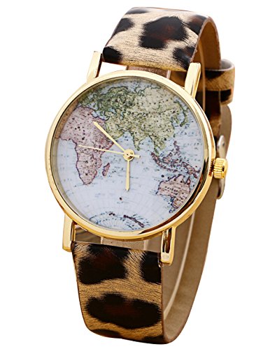 Retro Damen Weltkarte Leder Uhr Analog Leopard