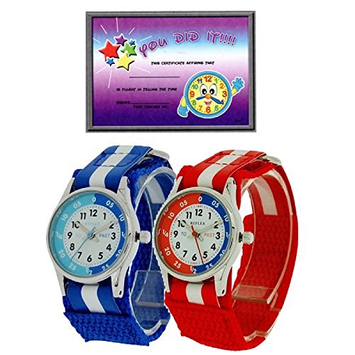 2 X Reflex Kinder Zeitlernuhr blaues rotes Klett Stoffarmband Uhr Lesen Urkunde