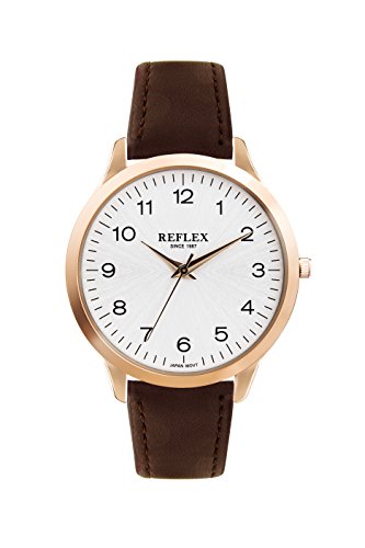 Reflex Quartz Armbanduhr fuer Herren REF0031 rundes Zifferblatt aus Bergkristall und Rosegold analoges Zifferblatt Braun PU Armband