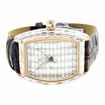 Rose Gold Baguette Lab Diamant Armbanduhr fuer Maenner Leder Band Verkauf New
