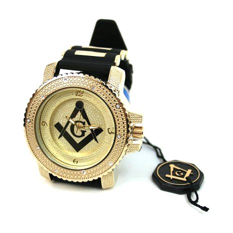 Diamant Co Herren Bullet Band Design Freimaurer Print Rueckseite aus Golden Edelstahl Armbanduhr Custom Swiss schwarz gold