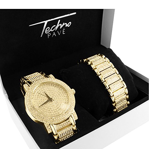 14 K Gold Finish Iced Out Simuliert 4 0 CT Diamant Techno Pave Armbanduhr Armband Set