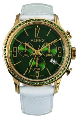 Alfex - 5697 _ 847 Damen-Armbanduhr - Quarz Chronograph - Zifferblatt Gruen - Armband Leder Weiss