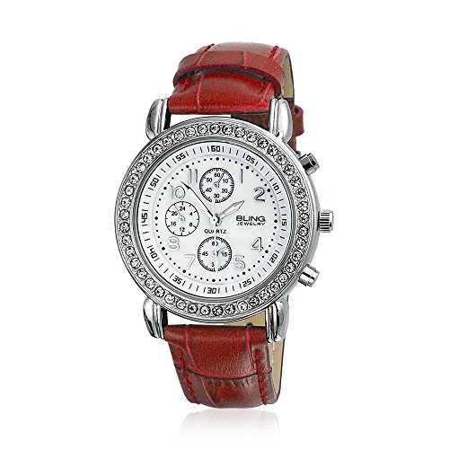 Bling Jewelry Genf Rund Rot Leder Armband Edelstahl zurueck Watch