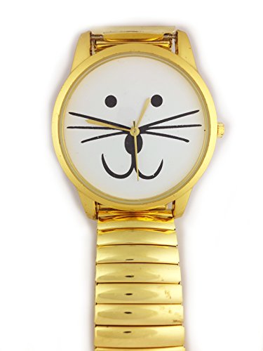 UK Cute Cat Face Armbanduhr mit goldfarbene Gesicht und goldfarbene Gurt Kaetzchen Kitty